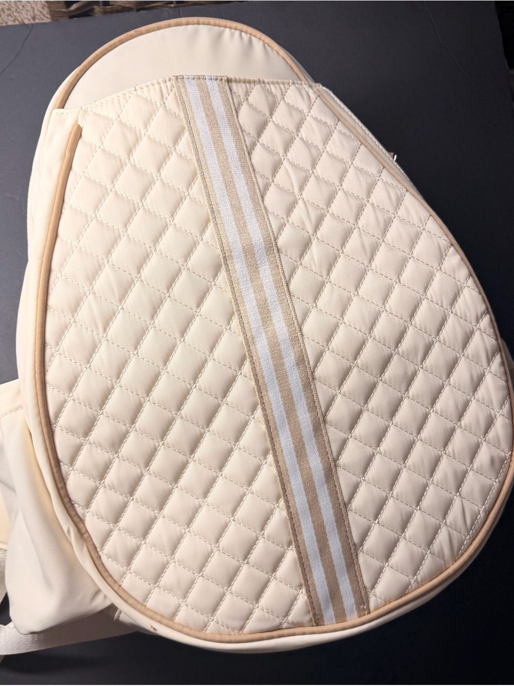 Ivory Quilted Backpack Zip Closure Adjustable Strap Silver Hardware Casual